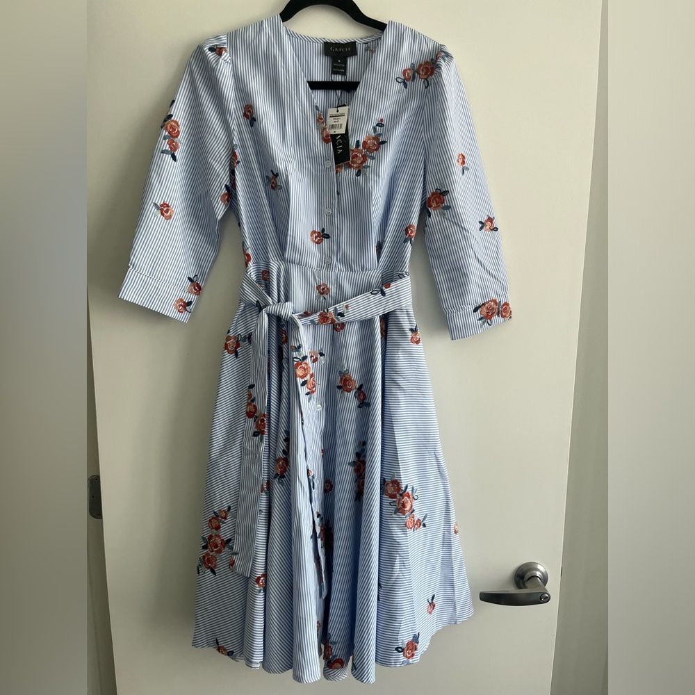 White and blue striped with embroidered flowers midi dress